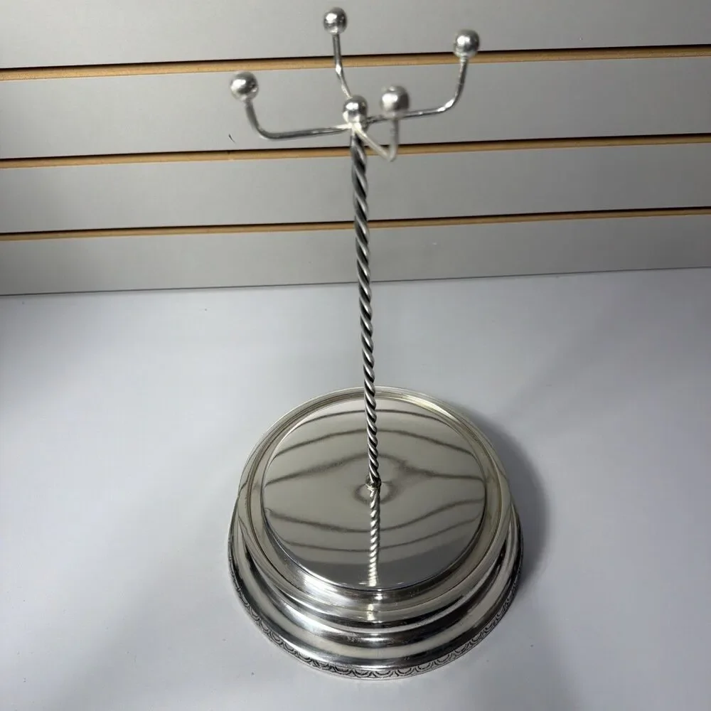 Pottery Barn Brushed Silver Jewelry Necklace Stand 14” Tall Engraved Design